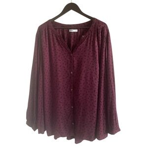 Sonoma Split Neck Button Front Blouse Floral Print Long Sleeve Plum/Black 4X NWT